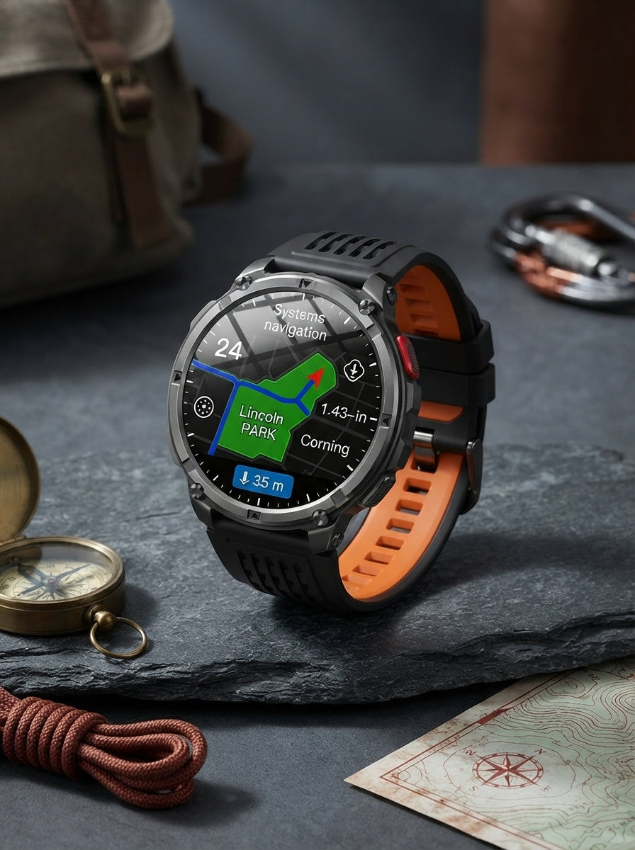 T-Rex3 Pro military smartwatch on a charcoal stone surface with navigation tools under bright lighting.